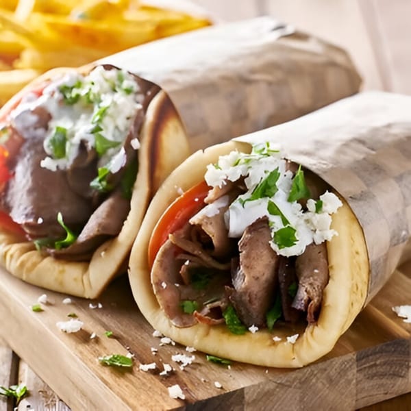 Two Mediterranean gyros with meat, tomatoes, sauce, and feta cheese on a wooden board.